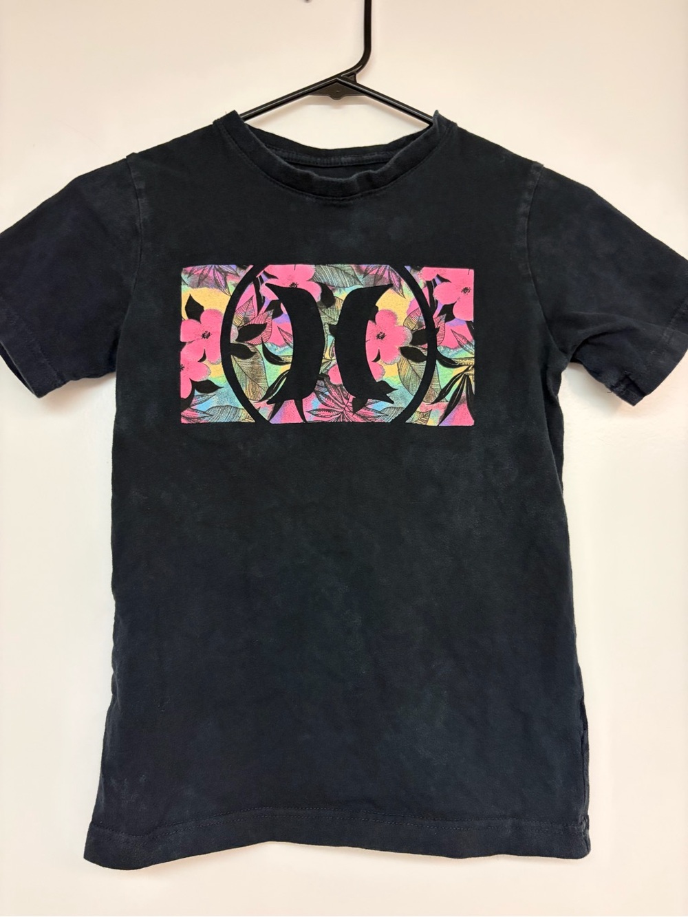 Hurley Black Tee with Pink Floral Logo